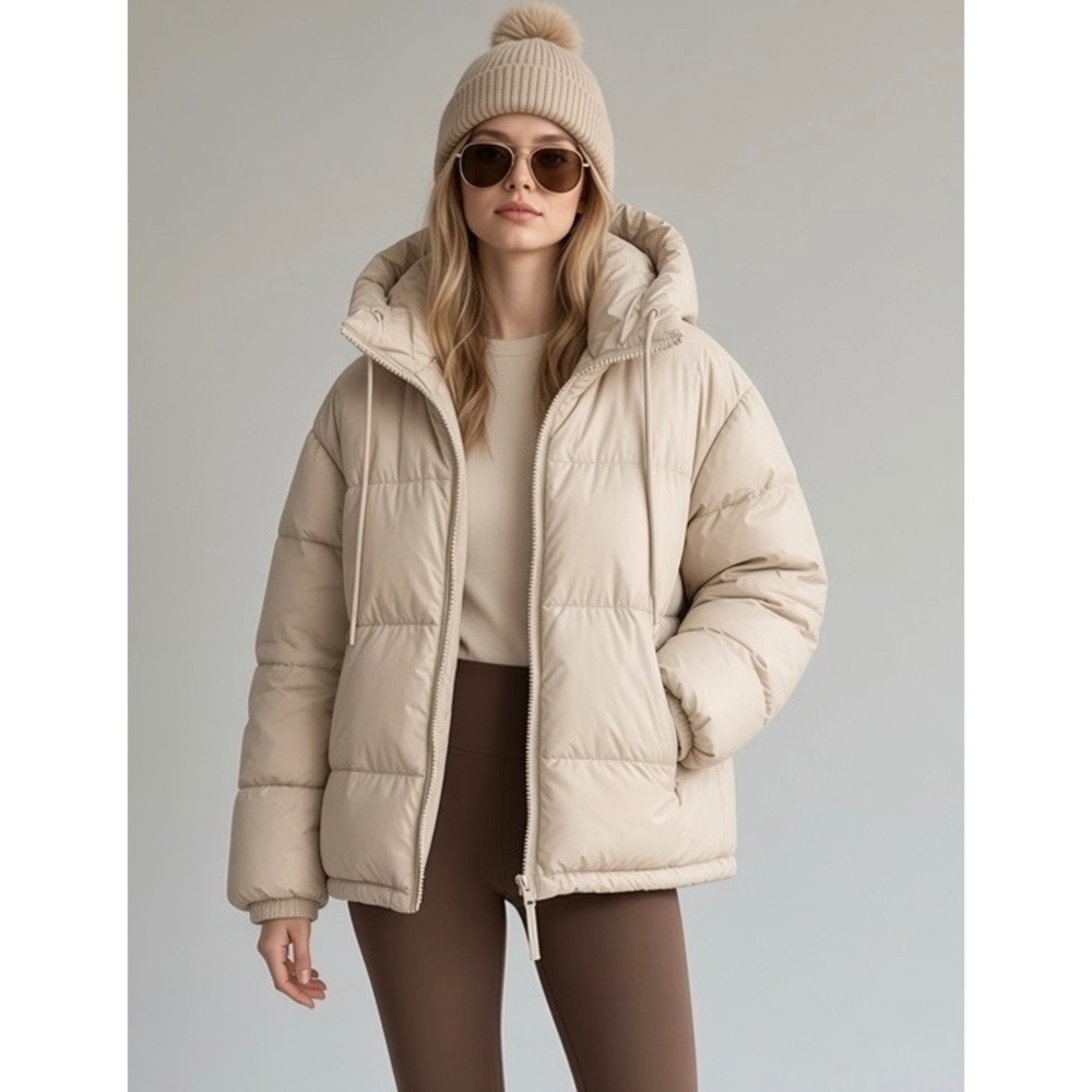 Garage Women Medium Beige Quilted Hooded Puffer Winter Jacket Outerwear Coat